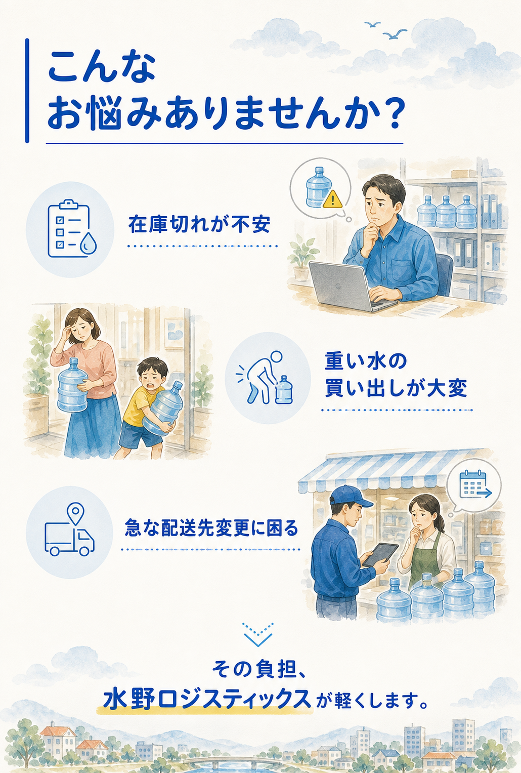 こんなお悩みありませんか。在庫切れが不安、重い水の買い出しが大変、急な配送先変更に困る。その負担、水野ロジスティックスが軽くします。